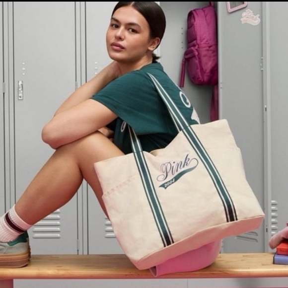 NWT VS PINK VARSITY JACKET DEEP IN FOREST LIMITED EDITION LARGE PLUS FREE TOTE - Picture 11 of 16